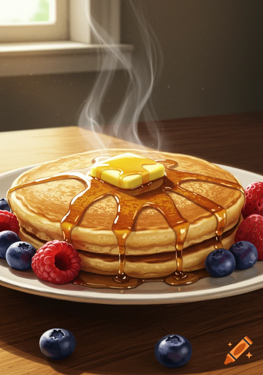 Stack of steaming pancakes topped with melting butter, maple syrup, blueberries, raspberries, and strawberries on a white plate.