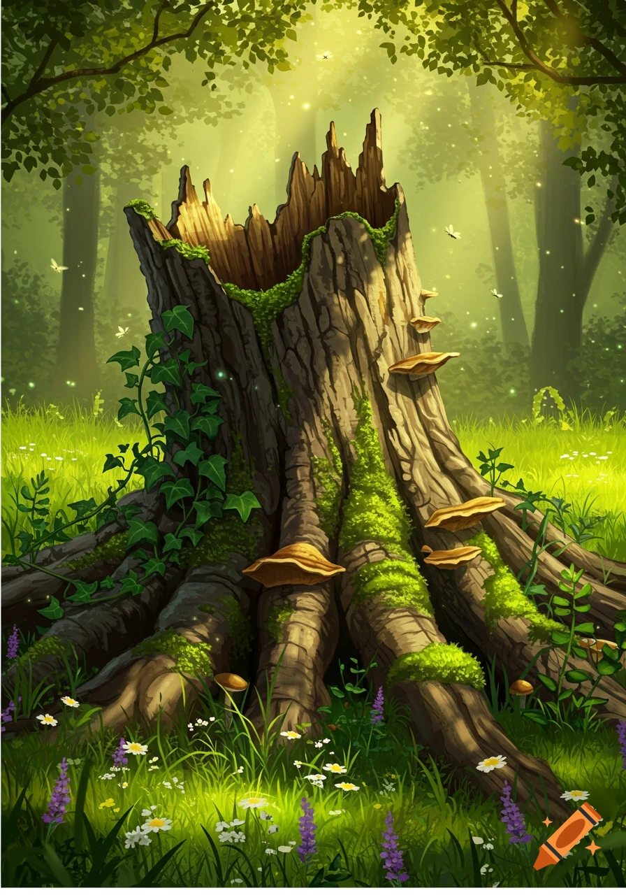 A vibrant, illustrative image of an old moss-covered tree stump with mushrooms and ivy in a sunlit forest, surrounded by grass and wildflowers.