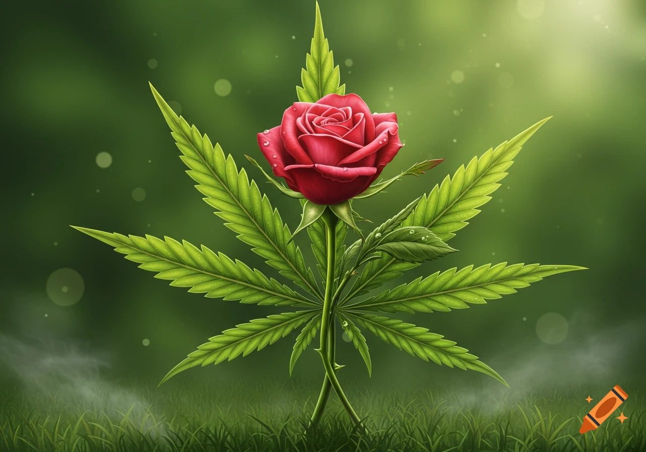 A vibrant red rose blooming from the center of a green cannabis leaf, set against a blurred natural background.