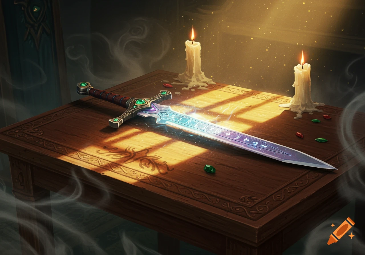 A glowing magical sword with runes lies on a wooden table, flanked by two lit candles, in a fantasy art style.