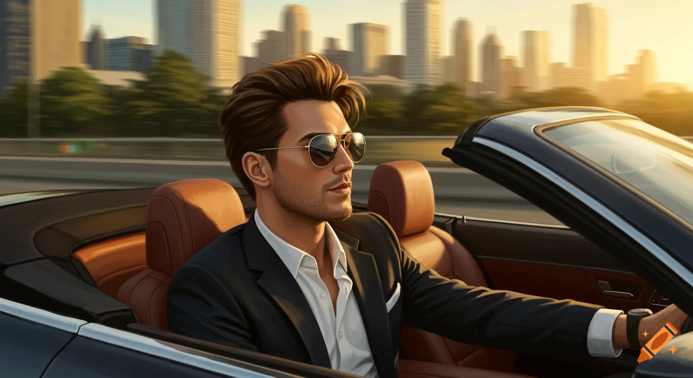 A handsome young man in sunglasses drives a roofless luxury car through a city at sunset.