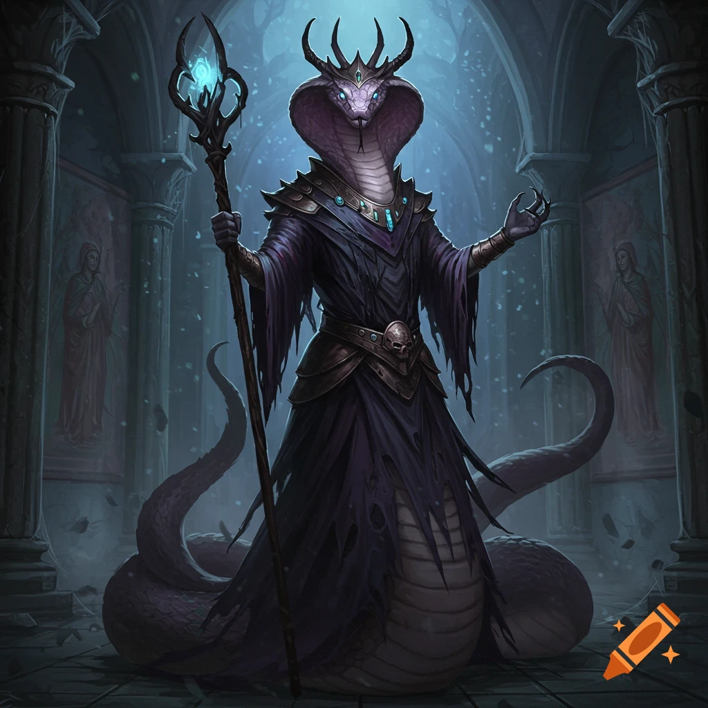 A horned anthropomorphic cobra wizard in dark robes holds a glowing staff in a ruined, dark fantasy temple.