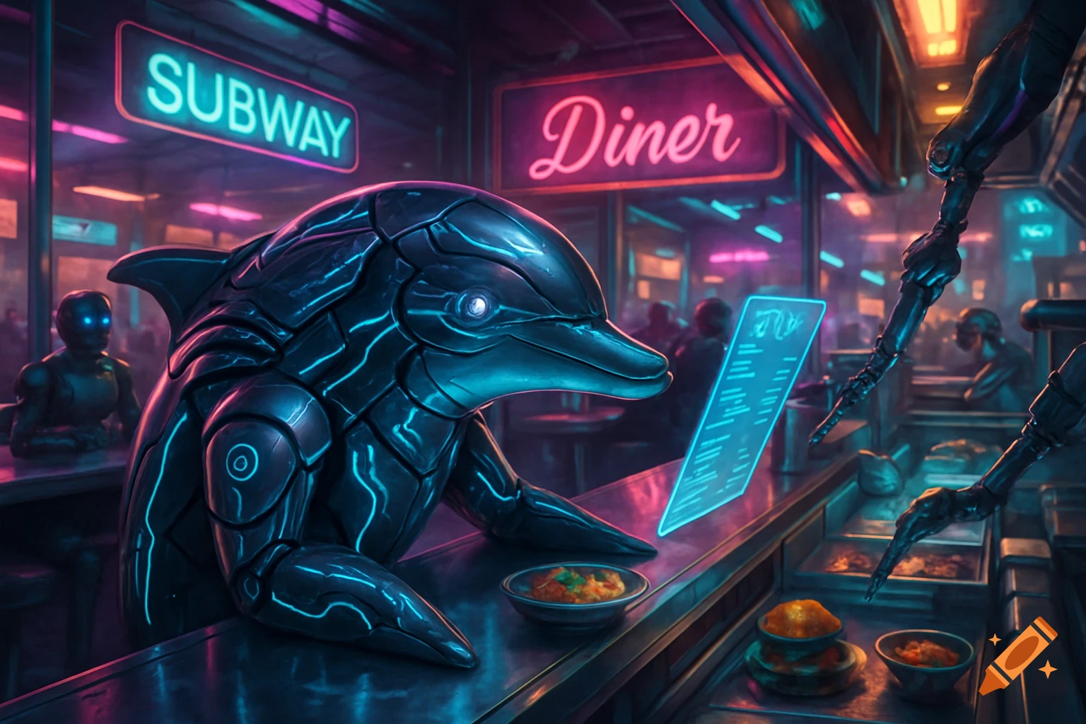 A cyberpunk dolphin with glowing blue lines ordering food from a holographic menu in a neon-lit futuristic diner.