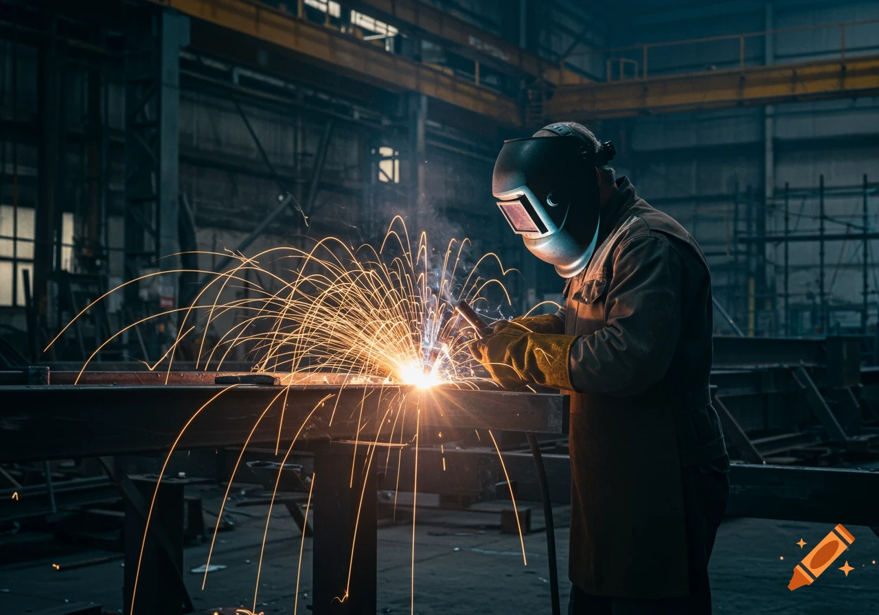A welder works in a dark factory, sparks flying brightly from their welding torch. They wear a helmet and protective gloves.