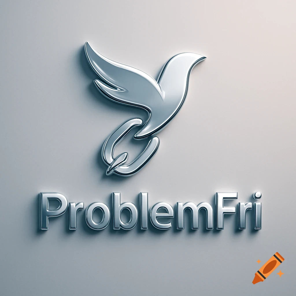 3D metallic logo for 'ProblemFri' featuring a stylized silver bird icon, casting shadows on a light grey background.