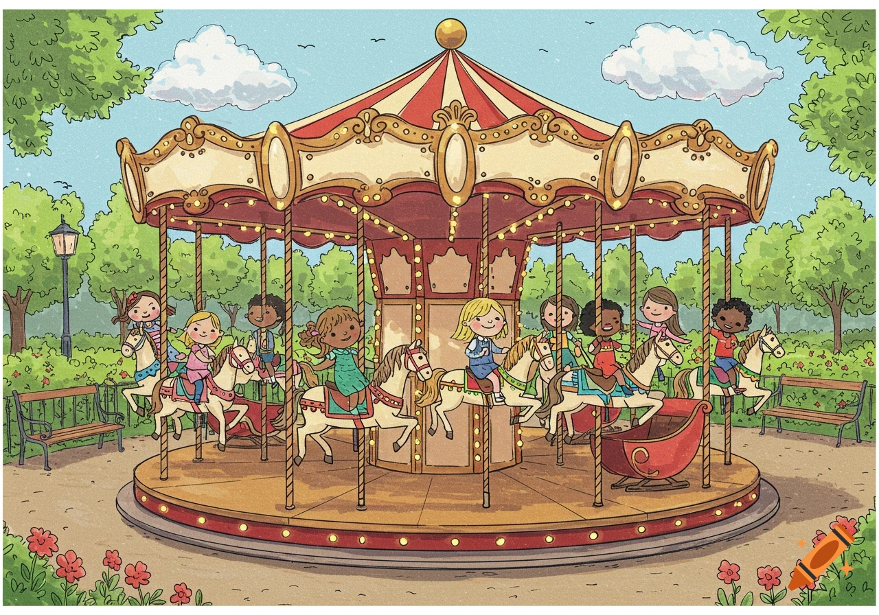 Colorful hand-drawn illustration of diverse children riding a cheerful carousel in a sunny park.