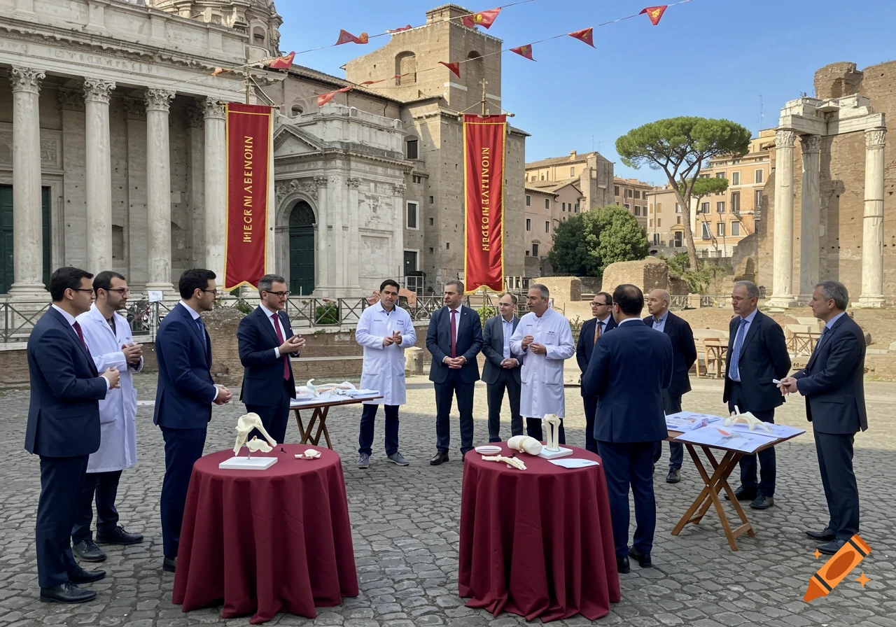 A group of professionals, some in lab coats, stand around tables with anatomical models among ancient Roman ruins under a clear sky.