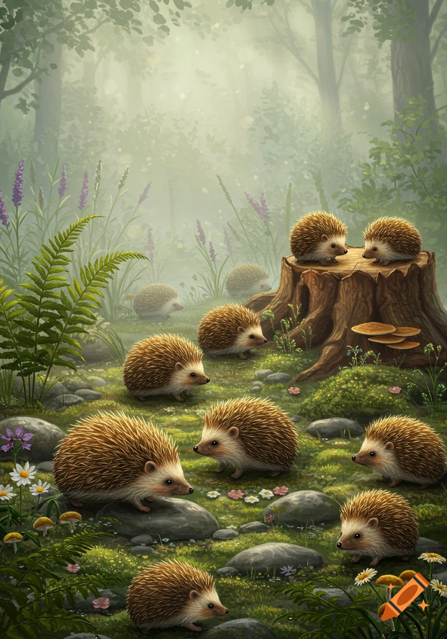 Numerous hedgehogs on a mossy forest floor with rocks, ferns, flowers, and a tree stump in a detailed digital painting.