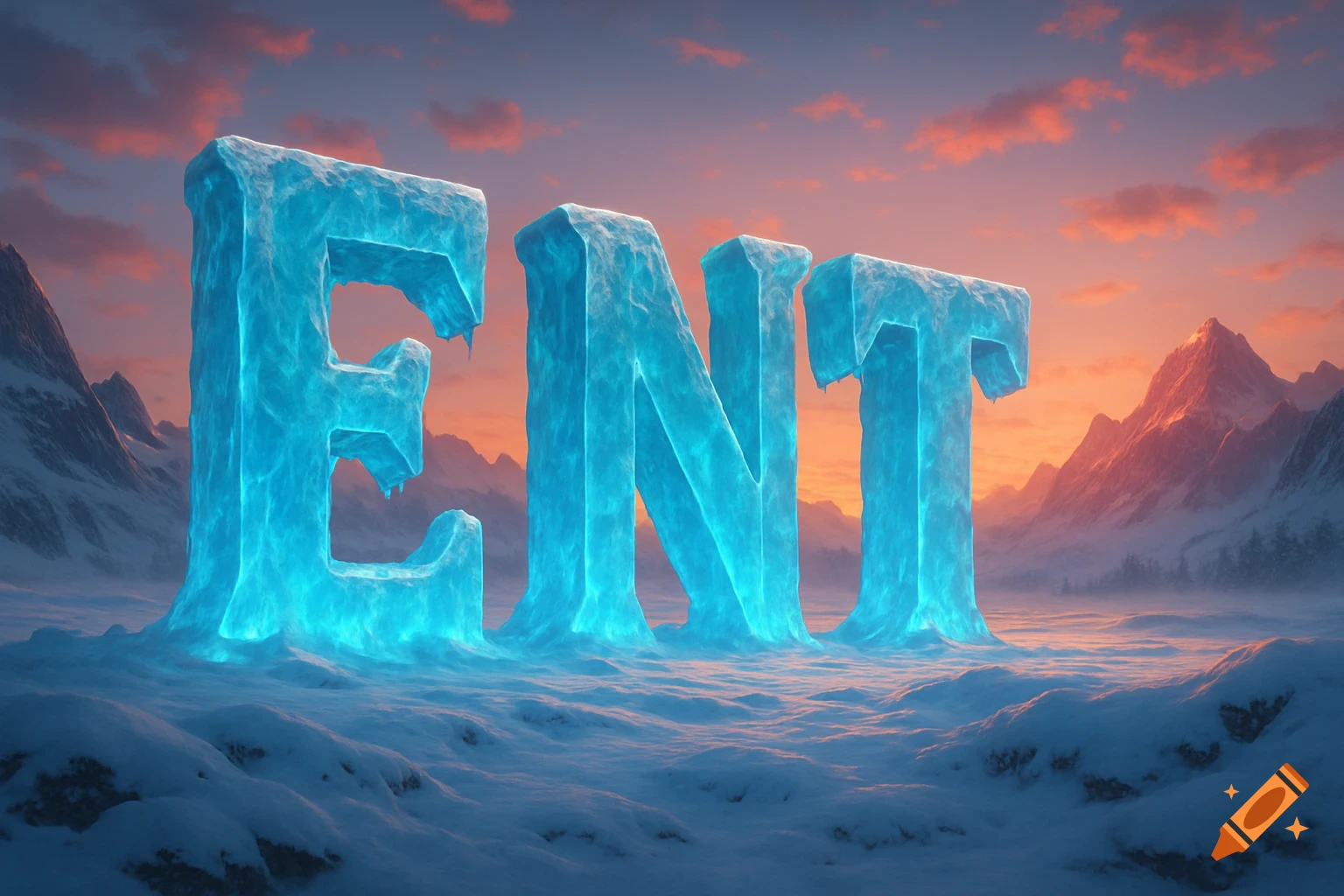 Glowing icy letters 'ENT' stand in a frozen mountain landscape under a vibrant sunset sky.