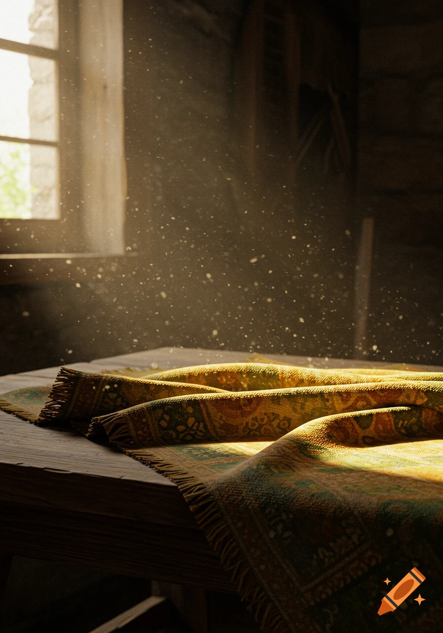 A patterned cloth draped over a wooden table, bathed in sunlight streaming through a window, with visible dust motes in the air.