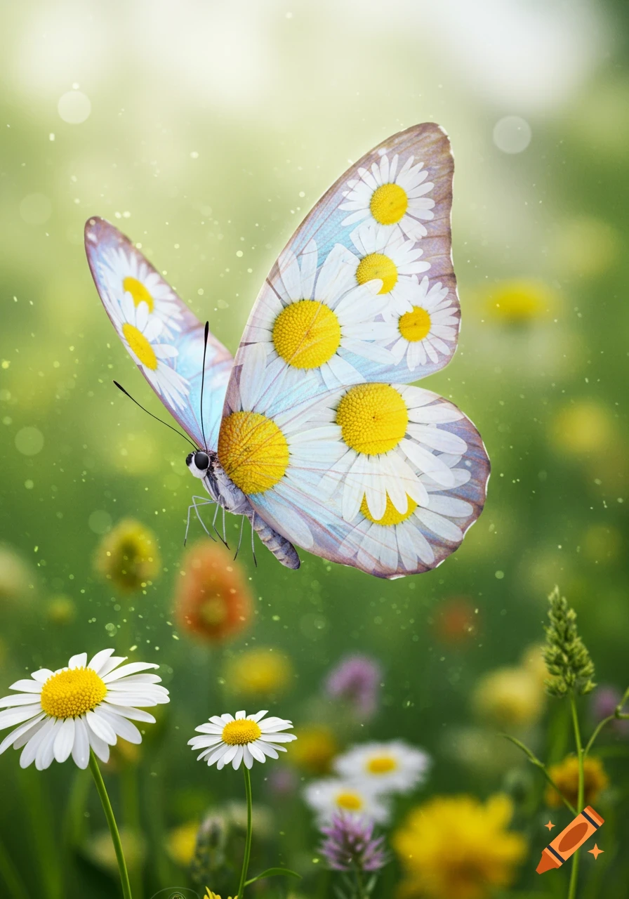 A photorealistic butterfly with daisy flowers on its wings flies in a sunlit field of green and yellow flowers.