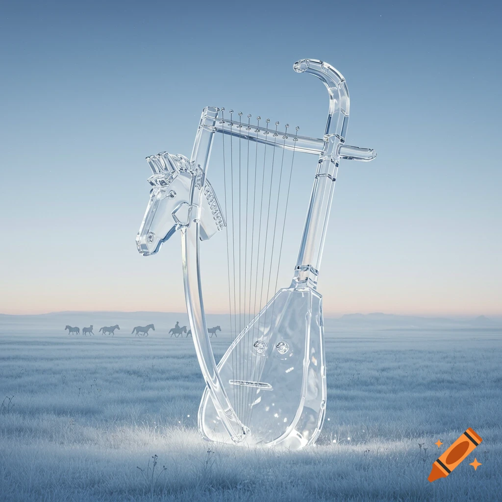 A large, transparent glass harp shaped like a horse's head stands in a frosty, misty field with horses in the distance.