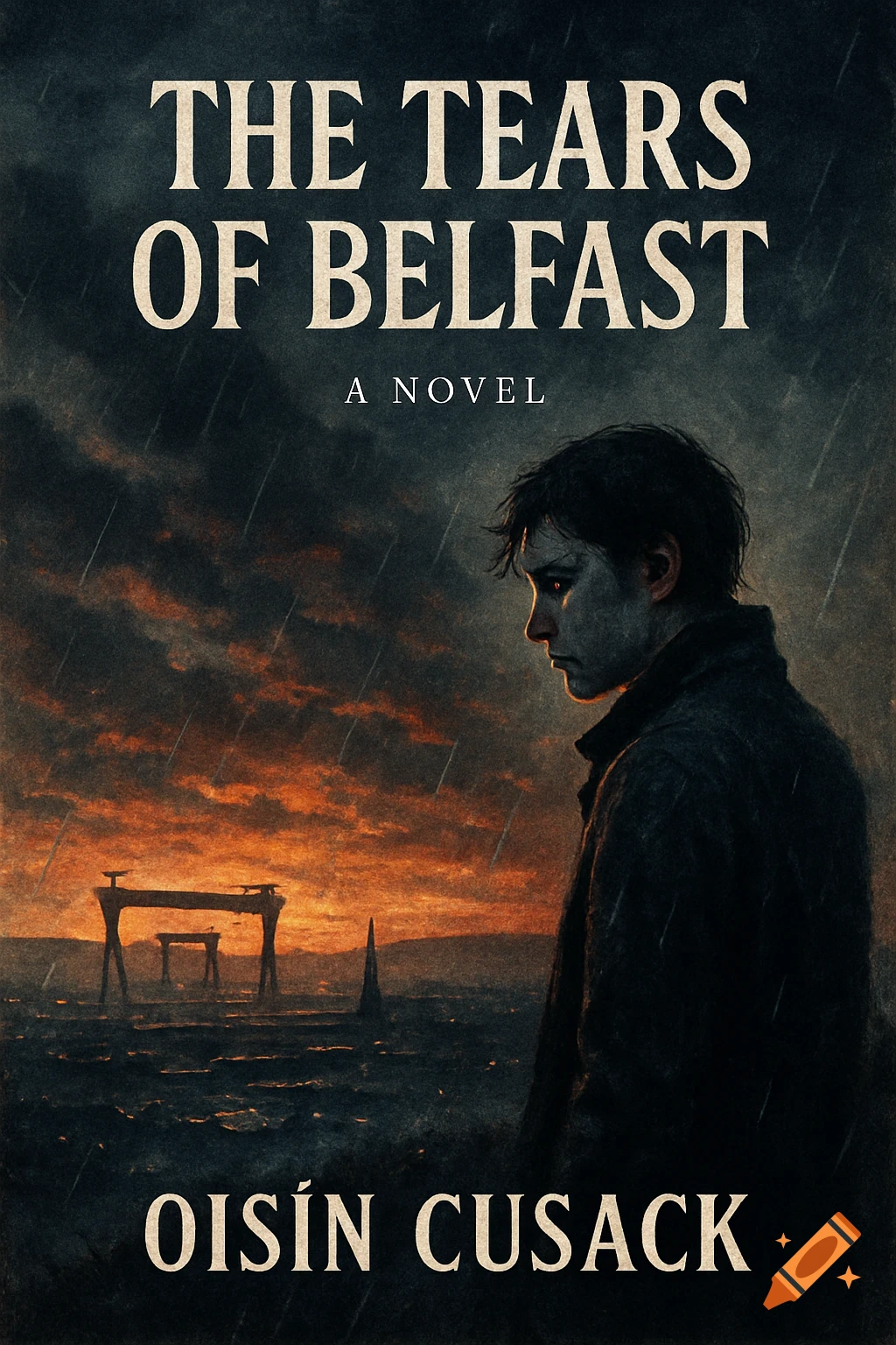 A somber man in a coat stands in profile against a dark, rainy landscape with an orange sky, on a book cover titled 'THE TEARS OF BELFAST' by Ois 00edn Cusack.