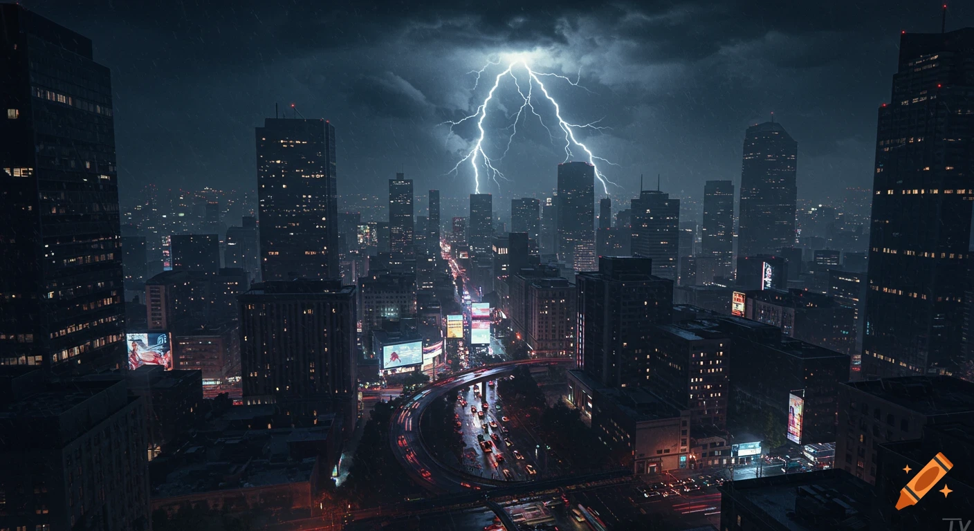 A dark, moody cityscape at night with a bright lightning bolt striking above, wet streets reflecting the city lights.