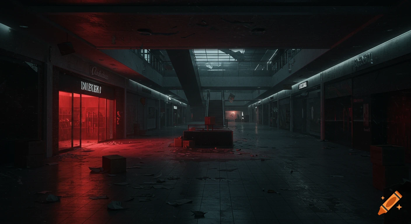 Photorealistic view of a dark, desolate, empty shopping mall with red-lit shopfronts and debris on the floor, evoking a dystopian atmosphere.