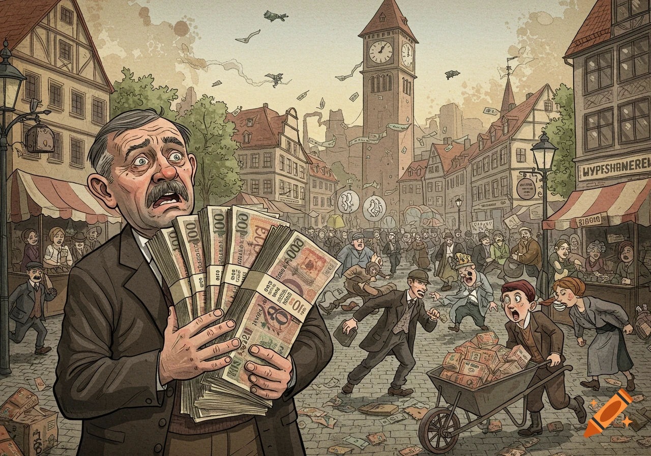 A distressed man holds large bundles of devalued money in a crowded, chaotic street scene with people running, a clock tower, and money flying in the air, in a political cartoon style depicting hyperinflation.