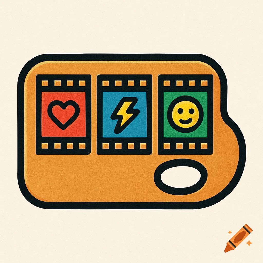 A colorful illustration of an artist's palette shaped like a film strip, with a heart, lightning bolt, and smiley face in its three frames.