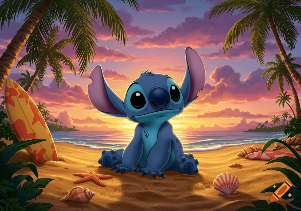 A cute blue alien character, Stitch, sits on a sandy beach at sunset, surrounded by palm trees, a surfboard, and seashells.