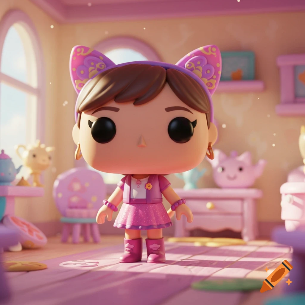 A cute Funko Pop doll with cat ears and a pink outfit stands in a bright, pink-themed dollhouse room.