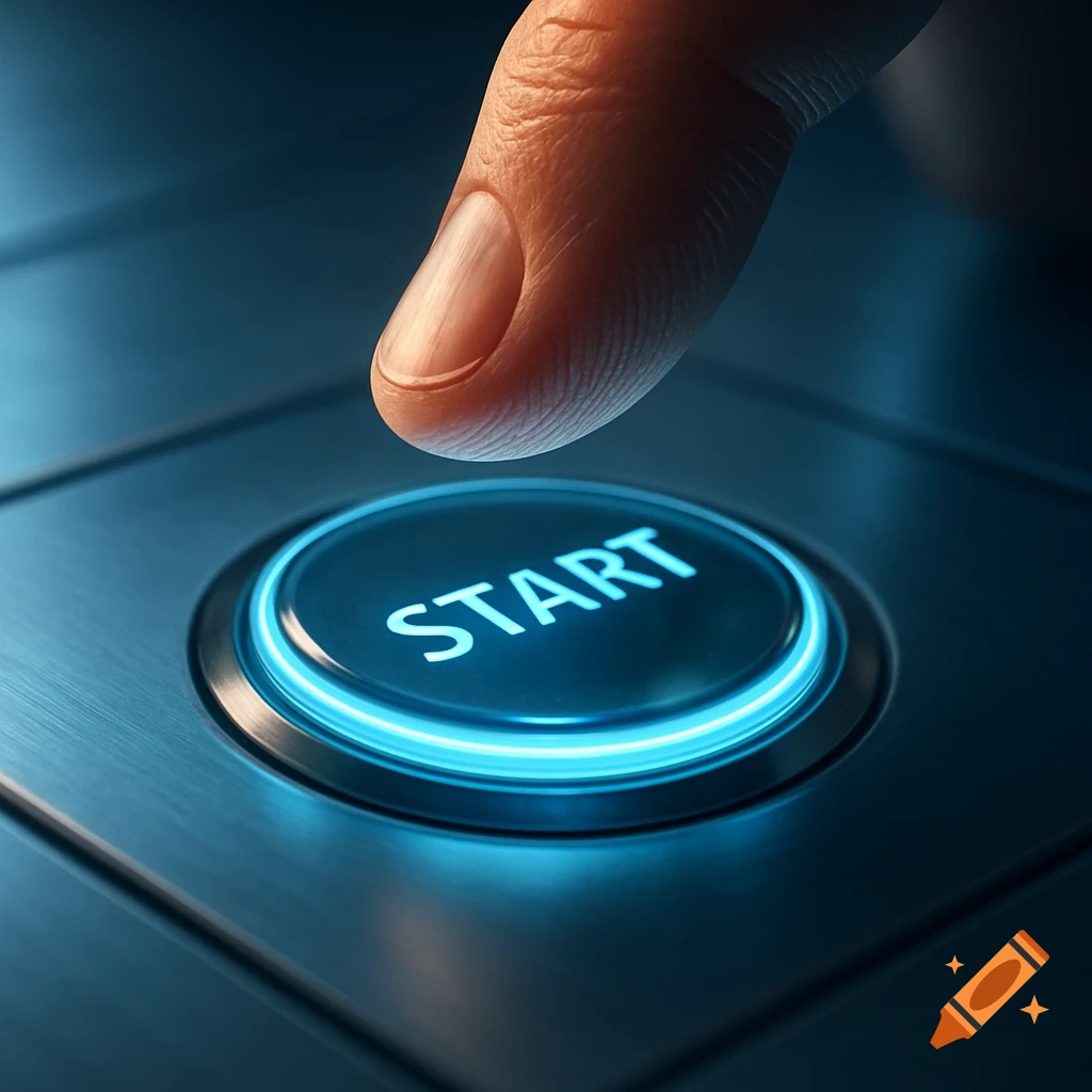 A close-up, photorealistic image of a finger about to press a glowing blue 'START' button on a metallic panel.