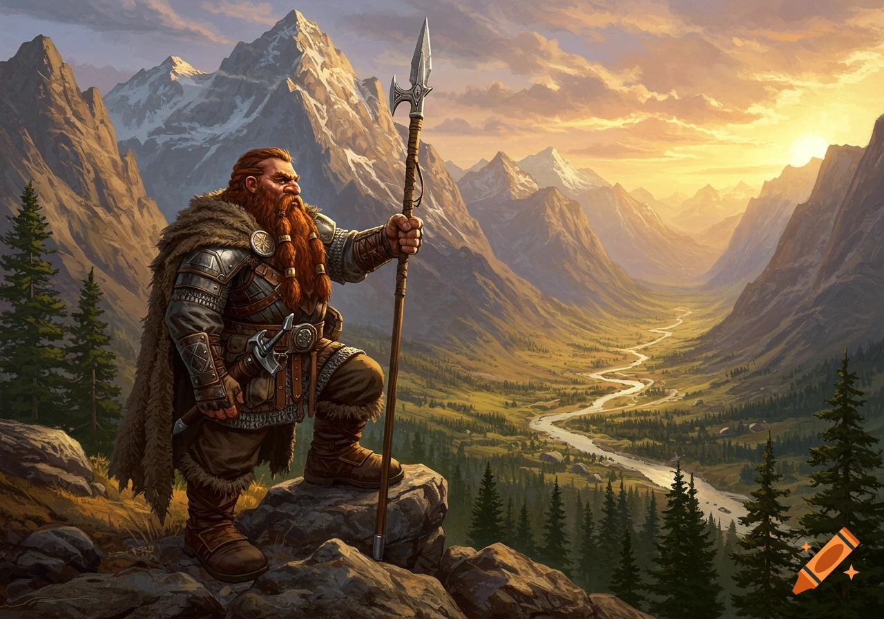 A red-bearded dwarf scout in armor stands on a rocky peak, holding a spear and gazing at a vast mountain valley bathed in sunset light.