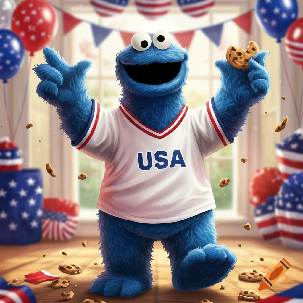 Cookie Monster in a 'USA' jersey, holding a cookie, surrounded by patriotic balloons and cookies on the floor, detailed illustration.