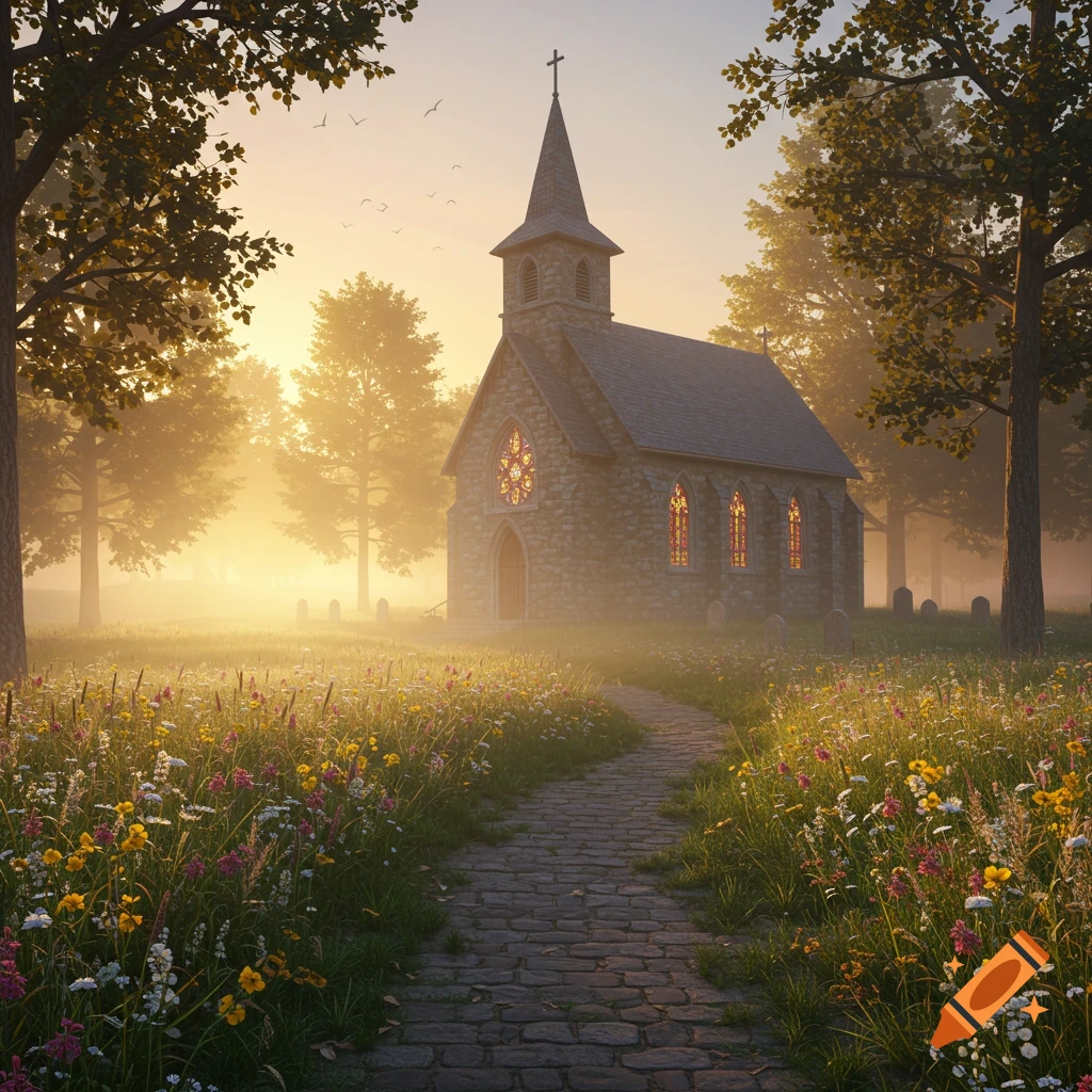 A stone church with stained glass windows sits in a field of wildflowers with a cobblestone path, bathed in the golden light of a misty sunrise.