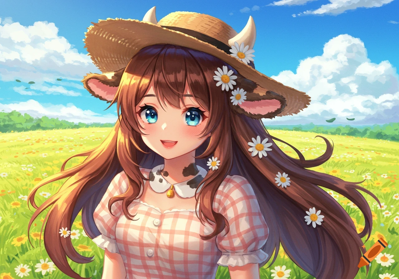 An anime cow girl with brown hair, cow ears, horns, straw hat, and plaid dress smiles in a sunny, flower-filled green field under a blue sky.