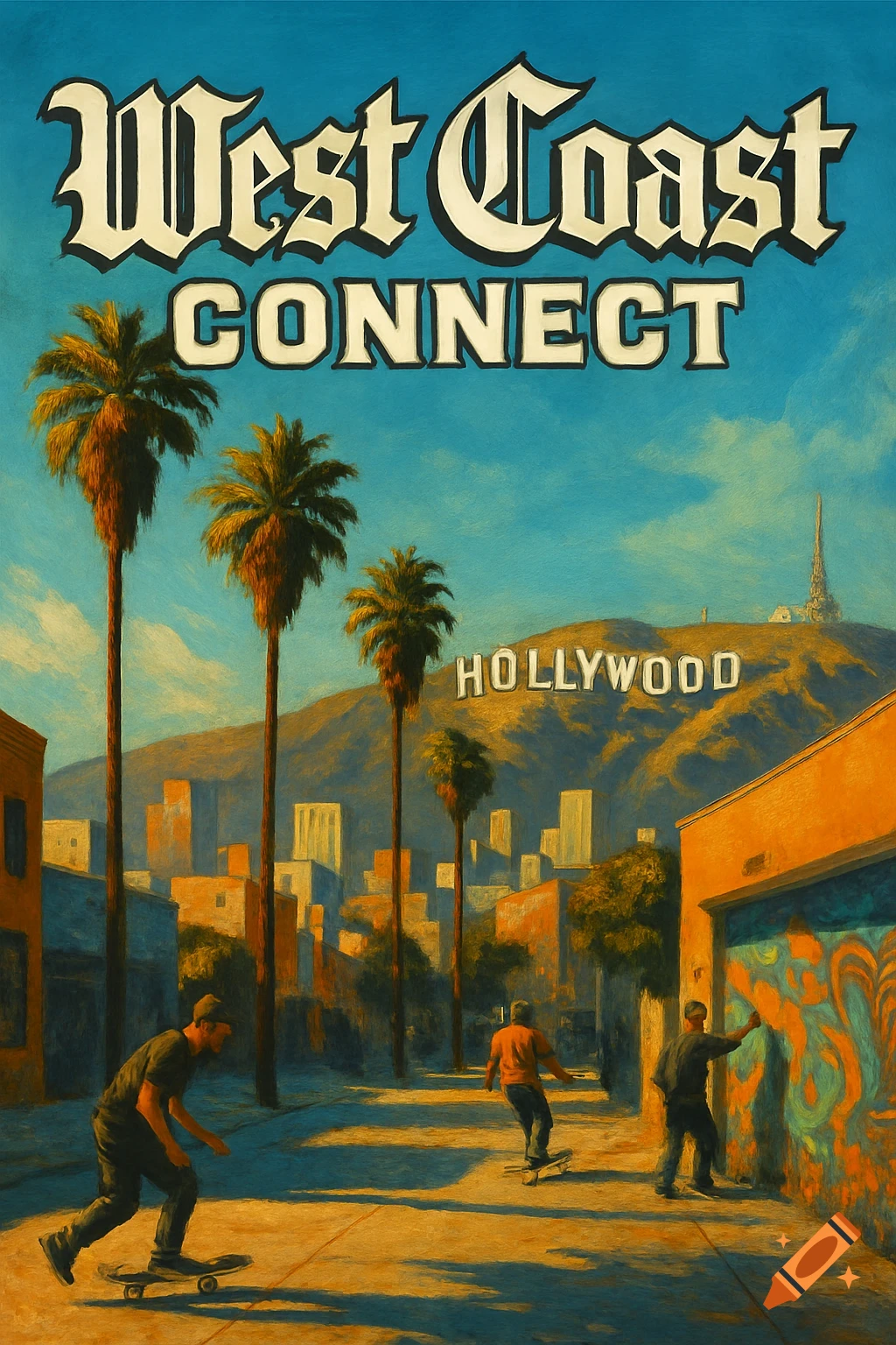 A stylized painting of a West Coast city street with skateboarders, palm trees, and the Hollywood sign in the background, featuring 'West Coast CONNECT' text at the top.