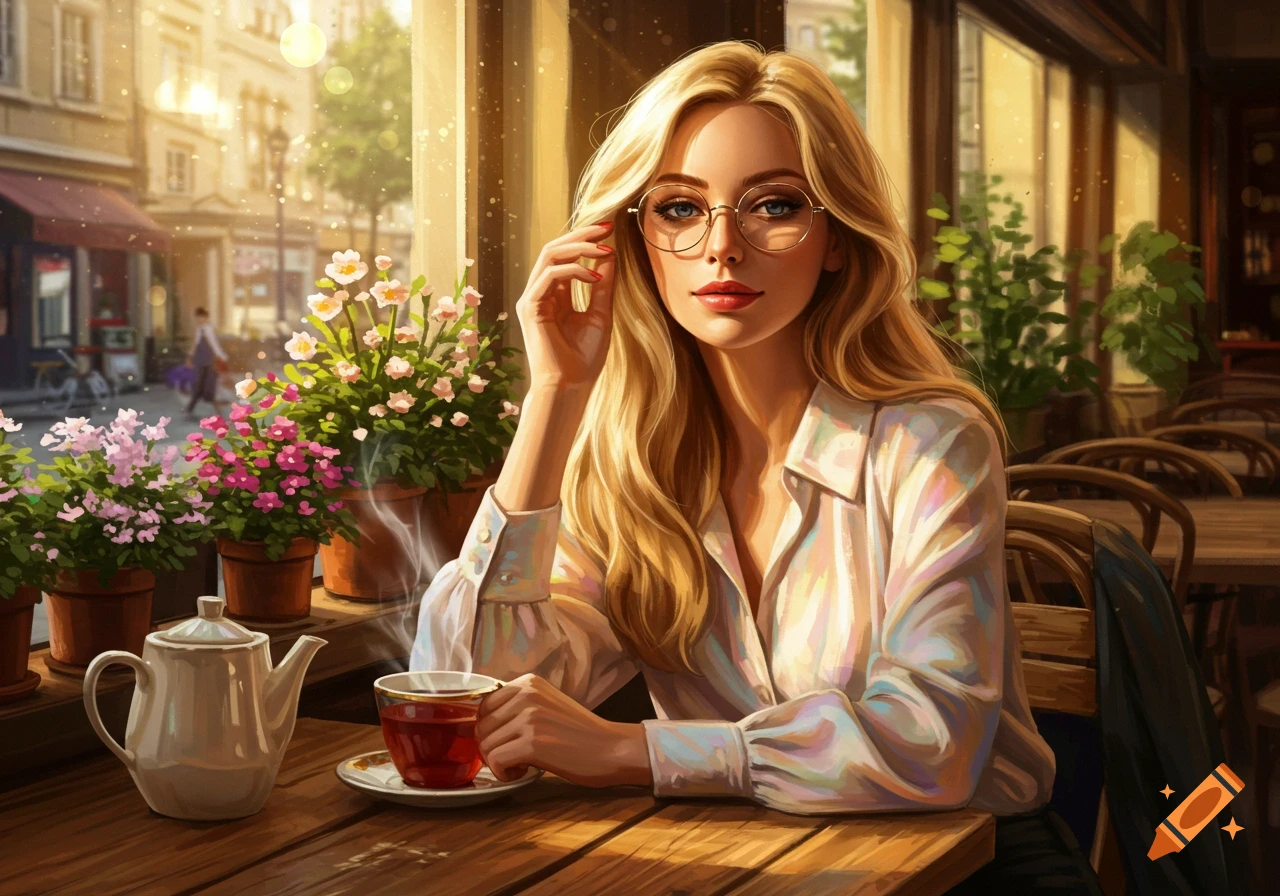 Digital painting of a blonde woman with glasses drinking tea in a sunny cafe, with flowers by the window.