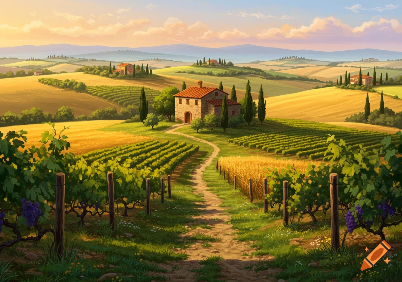 Illustrated Tuscan landscape with a vineyard, golden fields, cypress trees, and a farmhouse under a sunny sky.