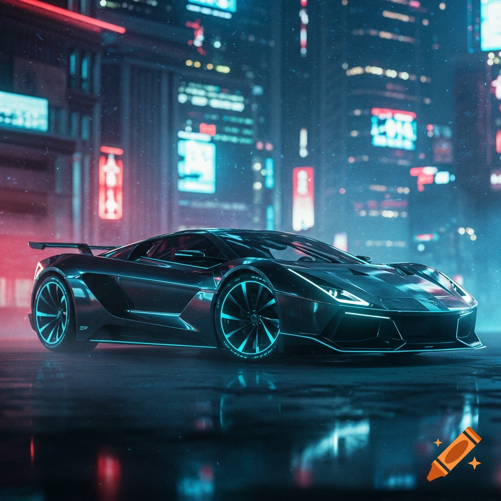 A sleek, black futuristic sports car with neon blue lights on a wet city street at night, with blurred neon buildings in the background.