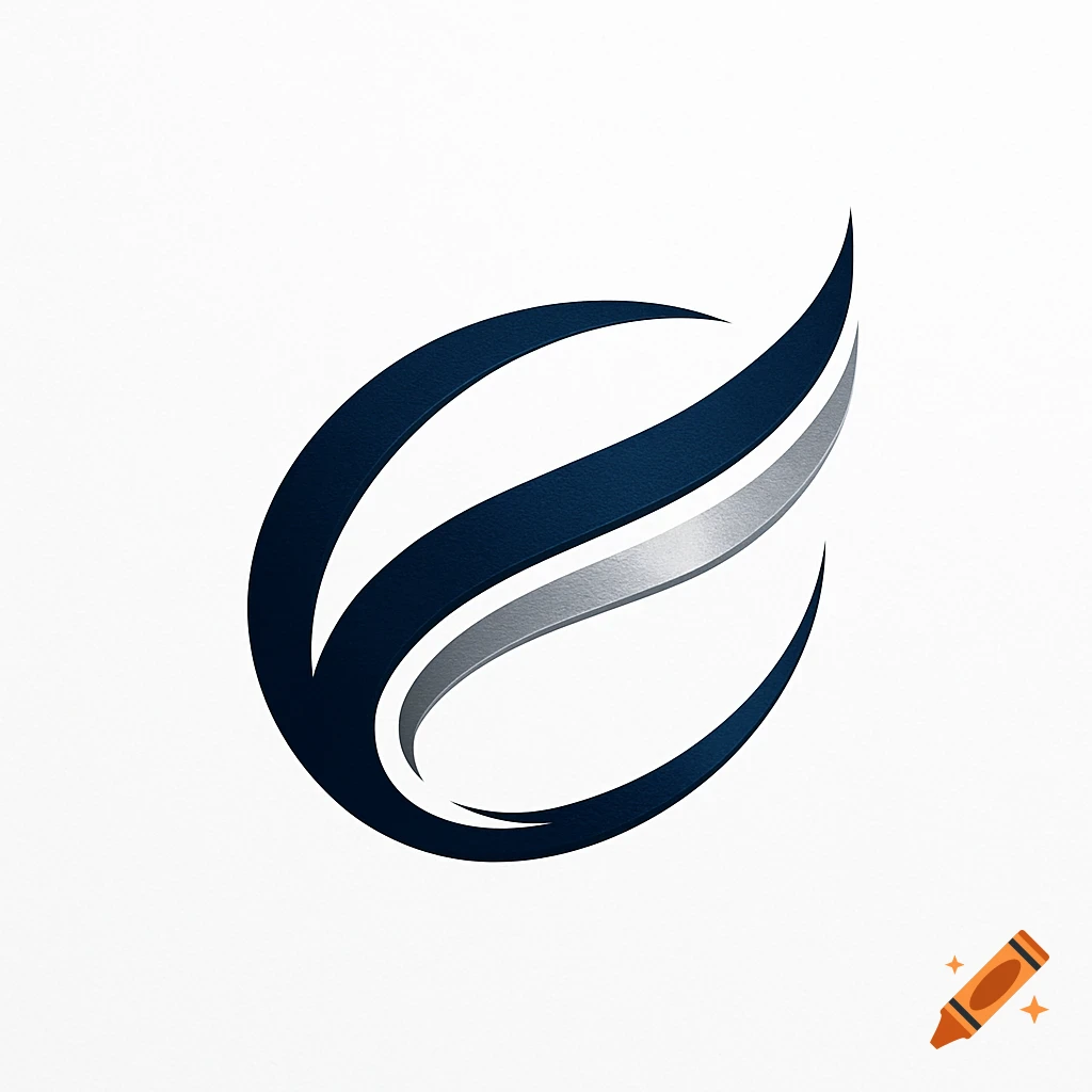 Abstract logo with dark blue and silver curved, flowing shapes in an oval on a white background.