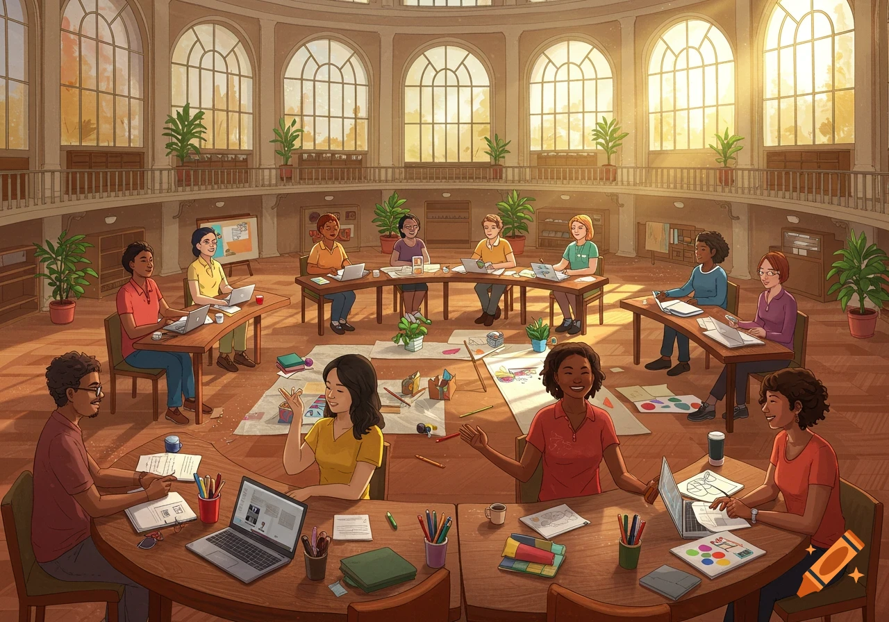An illustration depicts a large, sunlit circular room where several diverse people are seated at wooden tables, collaborating on laptops and papers.