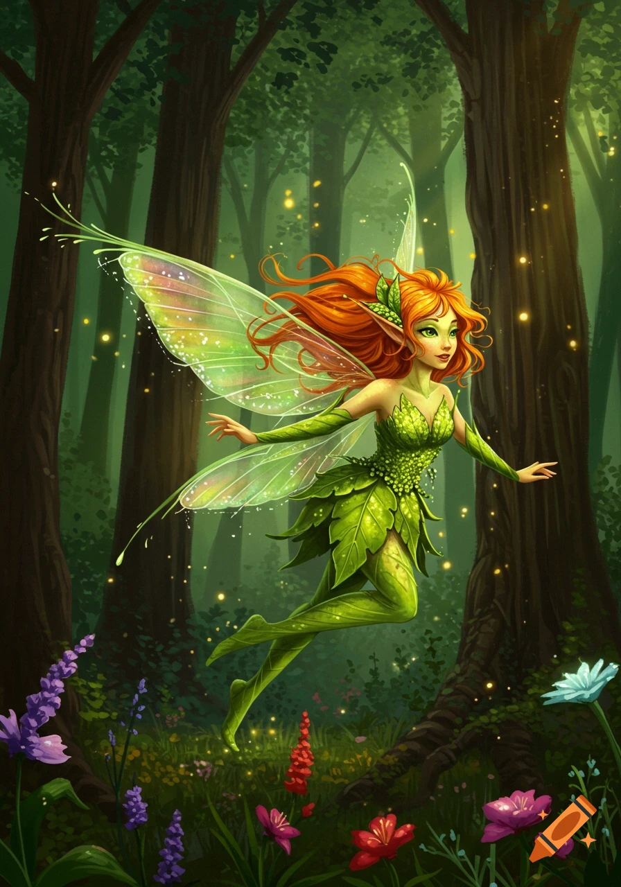 Vibrant illustration of a red-haired fairy in a green leaf dress with translucent wings, flying in an enchanted forest with glowing fireflies.