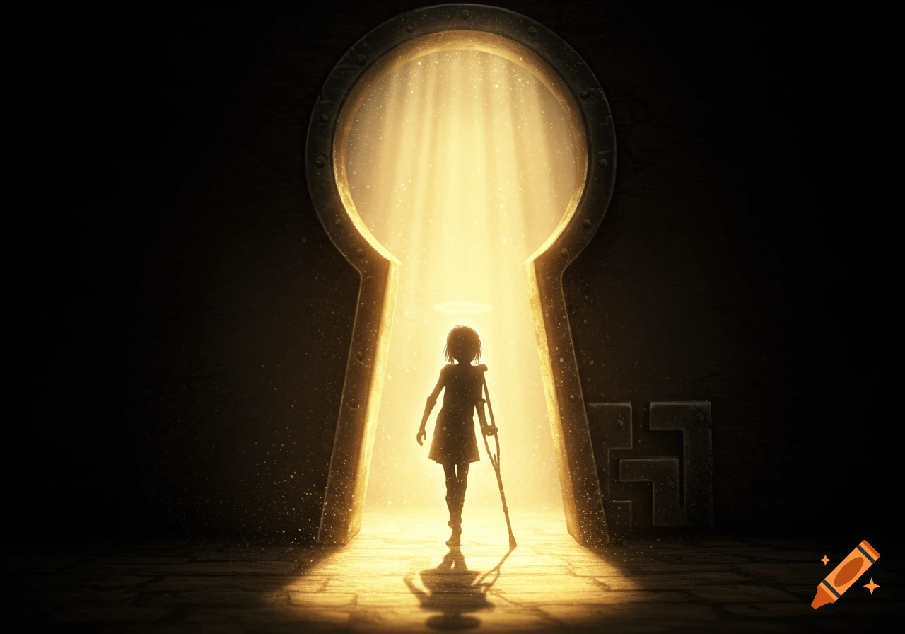 A dark silhouette of a girl with a crutch walks towards a bright light through a giant keyhole.