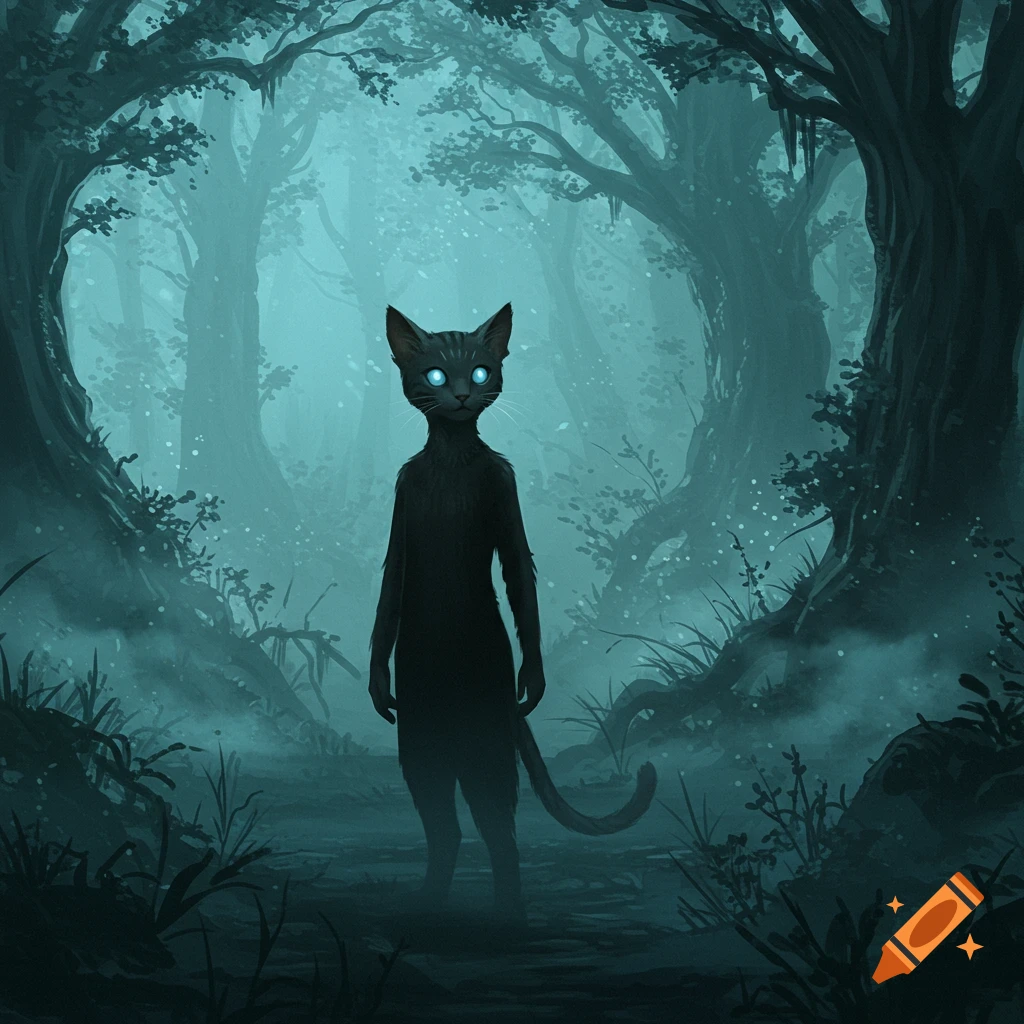 Bipedal black cat with glowing blue eyes stands in a misty, dark forest, stylized art.