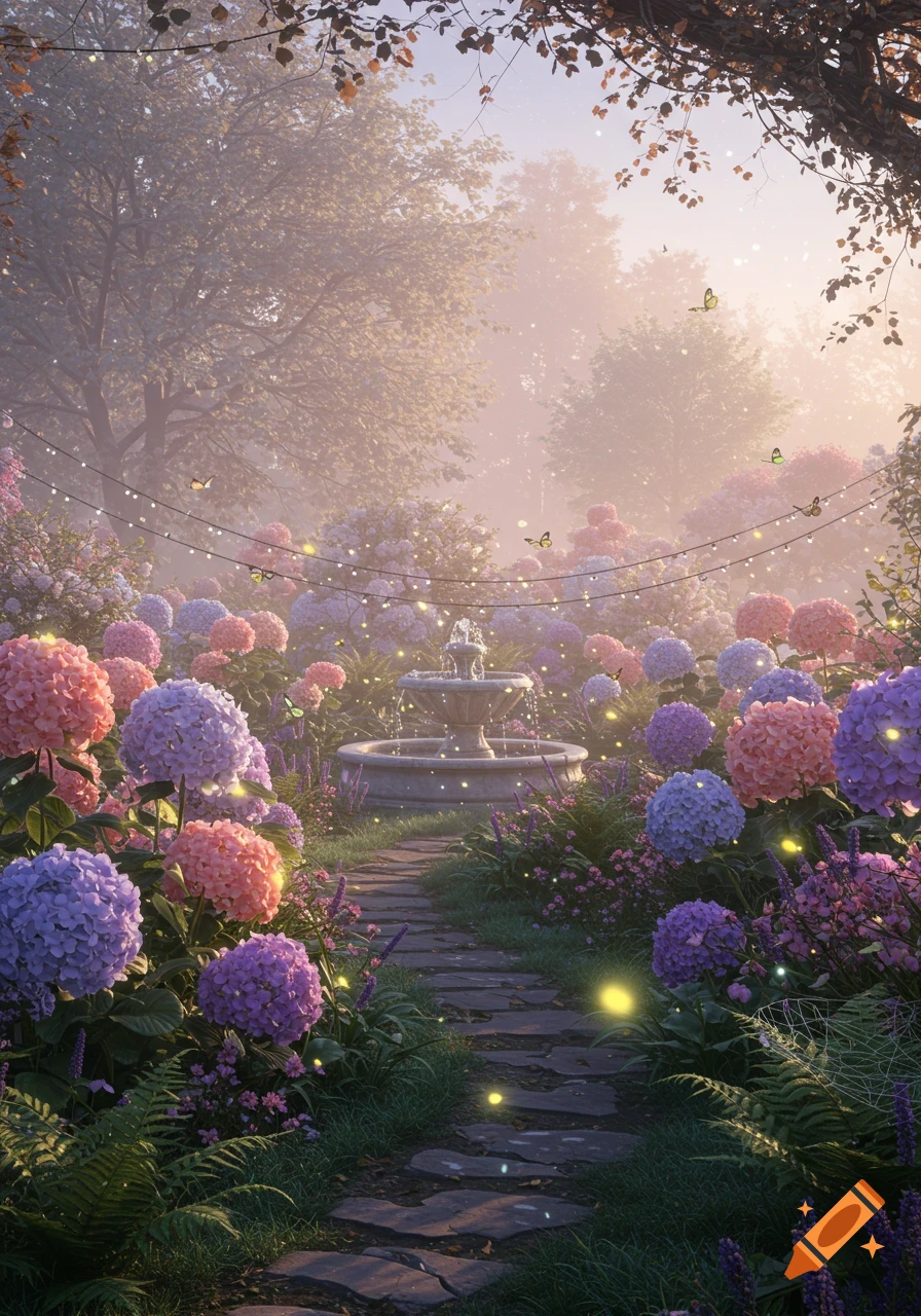 A misty, enchanting garden path lined with pink, purple, and blue hydrangeas, leading to a stone fountain under glowing string lights and butterflies.