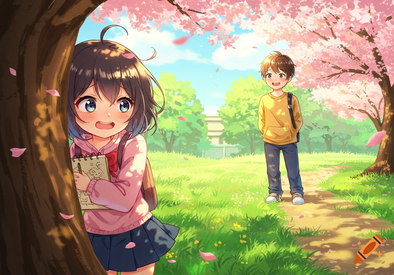 An anime girl shyly peeks from behind a tree at a smiling boy in a park with cherry blossoms.