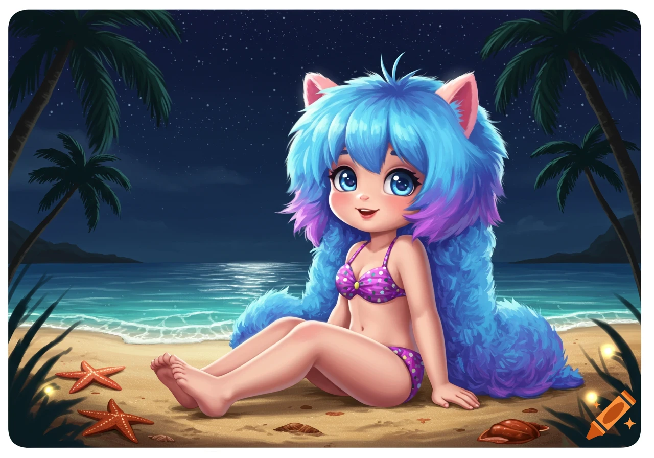 Smiling blue and purple fluffy cartoon girl with cat ears in a bikini sits on a starry beach with palm trees and ocean.