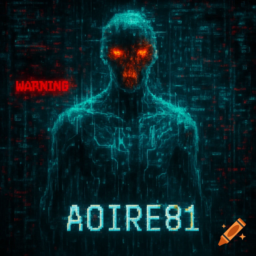 Glitchy, pixelated humanoid figure with glowing orange eyes in a cyber horror style, with red 'WARNING' text and blue 'AOIRE81' text.