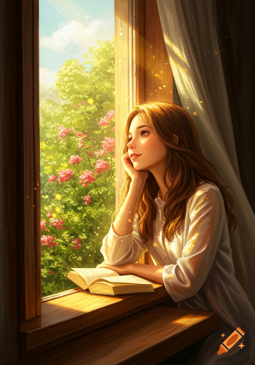 Dreamy illustration of a woman looking out a sunlit window at a lush garden, an open book on the sill.