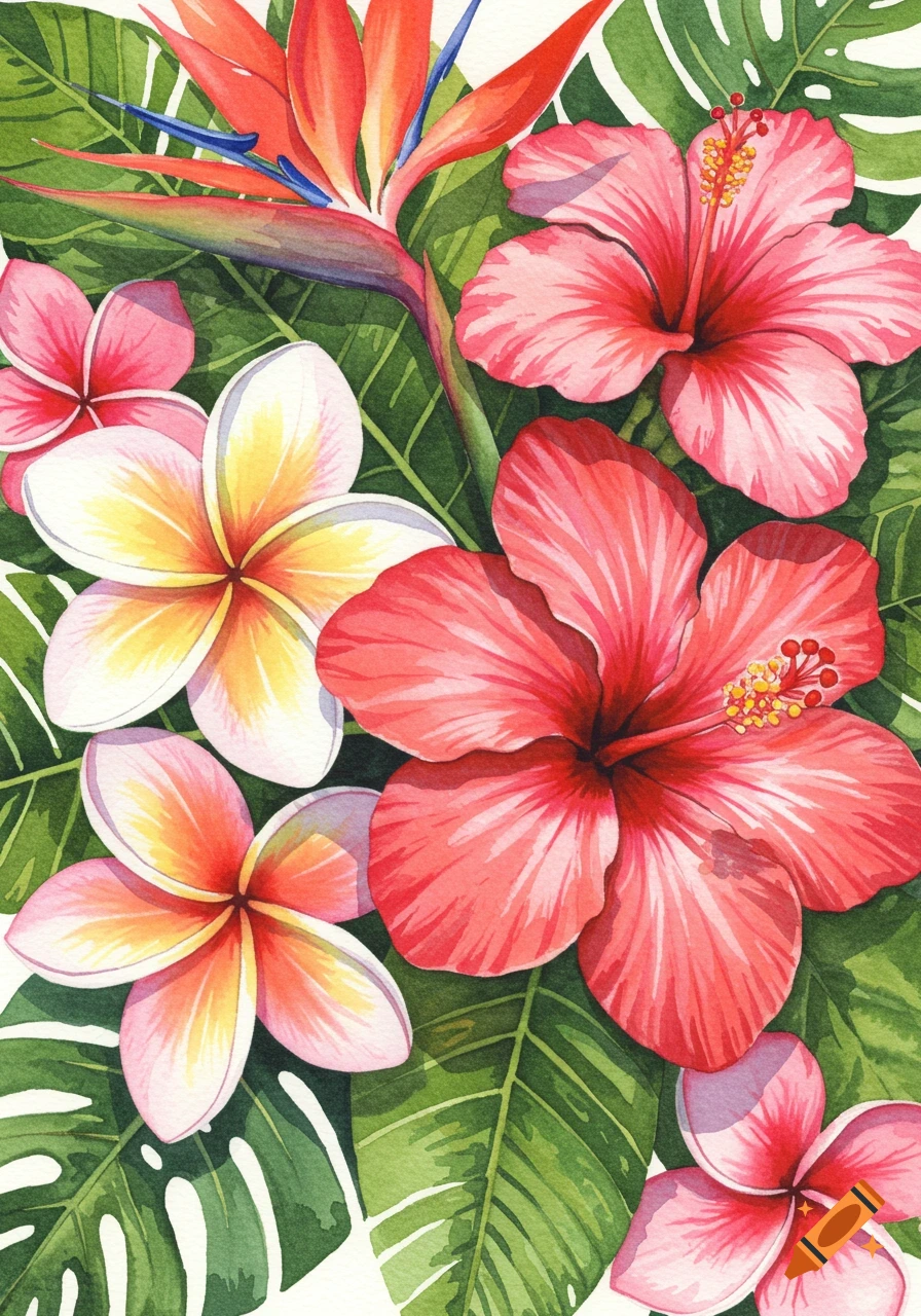 Vibrant watercolor illustration of tropical flowers, including pink hibiscus, plumeria, and bird of paradise, among green leaves.