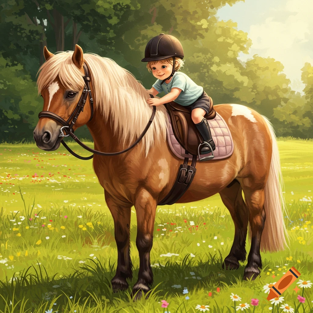 Cartoon illustration of a child in a riding helmet on a brown pony in a sunny field with wildflowers.