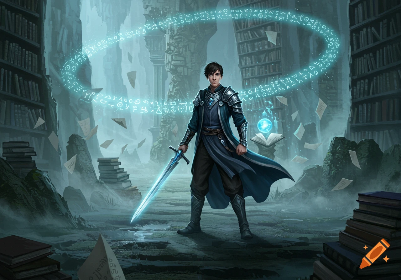 A young male student in dark robes and armor holds a glowing sword in a ruined library, surrounded by floating magical glyphs and papers. Fantasy art style.