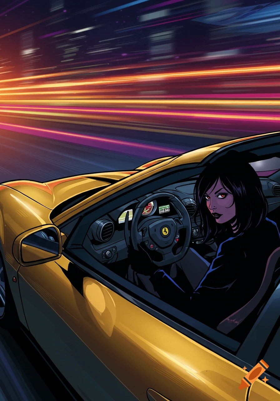 A comic art illustration of a woman in a golden Ferrari driving at night, with city lights blurring past.