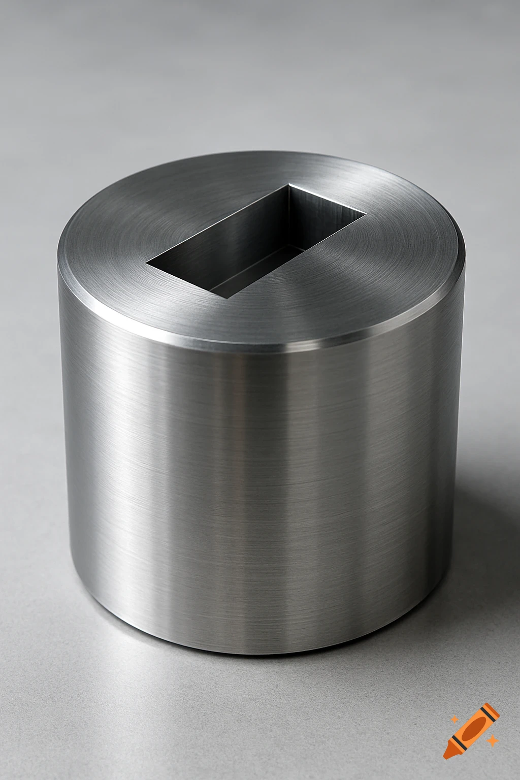 A brushed metal cylinder with a rectangular cutout on its top surface, set against a grey background.