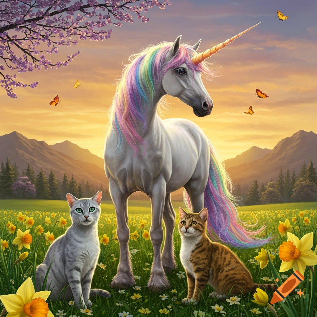 A majestic white unicorn with a rainbow mane and tail stands in a field of yellow daffodils, with a grey cat and a brown tabby cat at its feet, under a sunset sky.