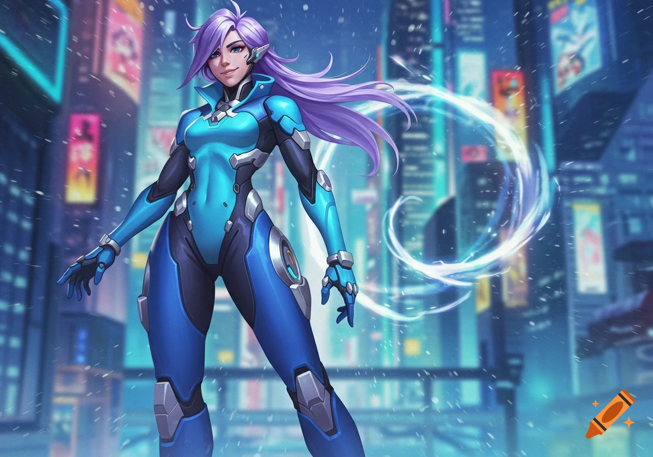 A female Overwatch-style character with long purple hair and a blue and black sci-fi suit stands in a futuristic cityscape during a snowfall.