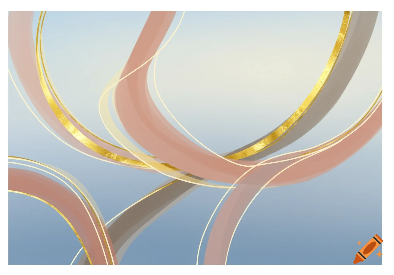 Abstract art with flowing dusty rose, gray, and gold lines and translucent ribbons on a light blue and cream background.